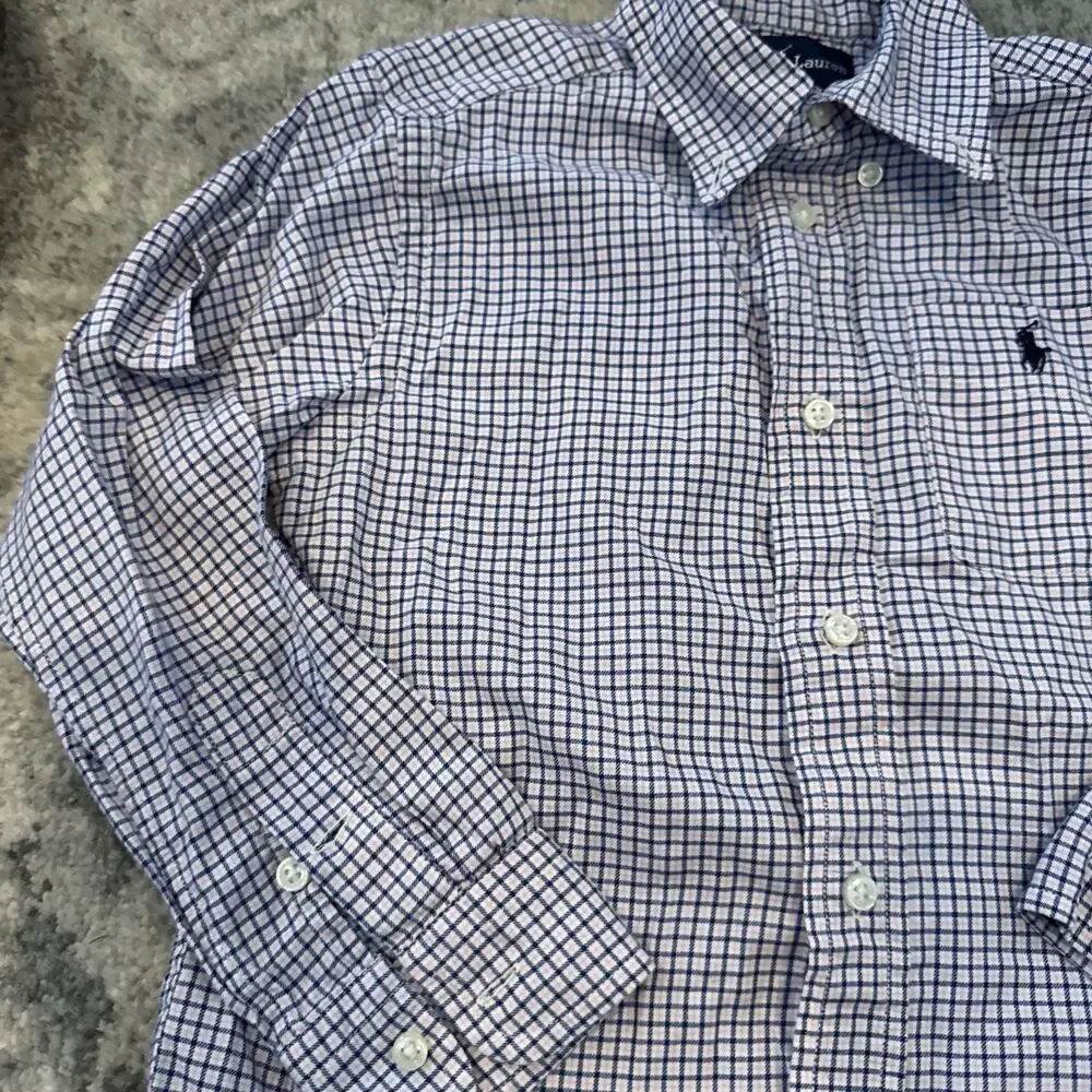 Ralph Lauren Boys Blue Check Oxford Cotton Button Down Shirt Size 5 Long Sleeve
